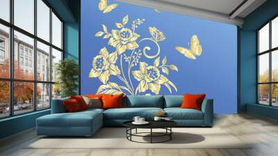 flowers narcissus on blue background, vector illustration Wall mural