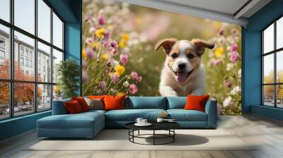 Funny puppy running through a field of flowers in spring

 Wall mural