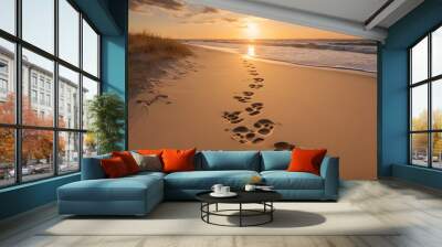 Photo of a sandy beach with footprints in the sand at sunset

 Wall mural