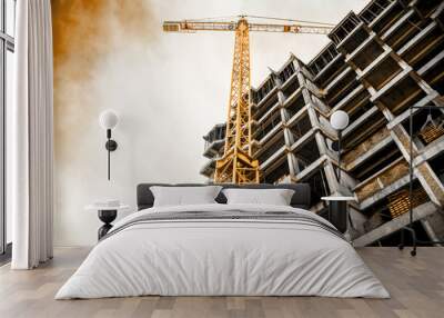 construction and yellow crane, toned image Wall mural