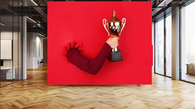 hand holding golden sports cup over red background Wall mural