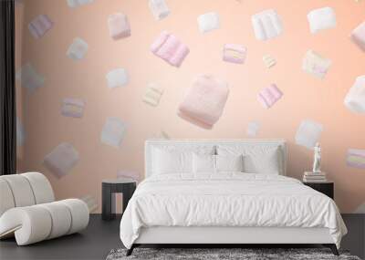 pattern of beautiful white and pink marshmallows, marshmallows levitating over peach background Wall mural