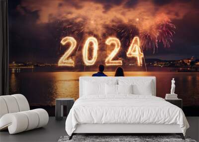 2024 new year eve fireworks celebration bay neon lights Wall mural