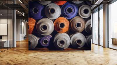 many textile rolls of blue, white and orange colors stacked one over the other in dark light Wall mural