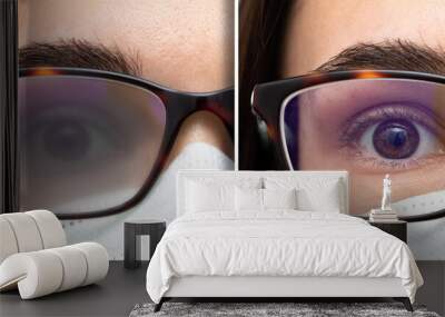 girl with fogged glasses showing the comparison between before and after anti-fog treatment of the lenses Wall mural