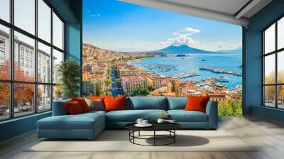 Naples, Italy. August 31, 2021. View of the Gulf of Naples from the Posillipo hill with Mount Vesuvius far in the background. Wall mural