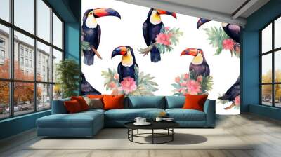 watercolor stickers of toucan and flamingo in summer, ai generative Wall mural