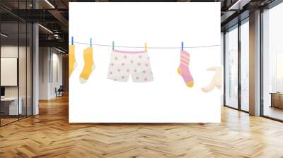 clothes and toy are dried on a line after washing	
 Wall mural