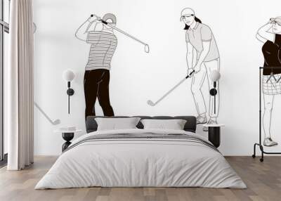 golf players male and female characters with clubs black and white outline vector illustration Wall mural