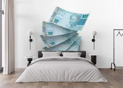 3d Money notes of 100 reais, and 100 reais from brazil in white background. Money from brazil. earn money. Real, Currency, Dinheiro, Reais, Brasil. Money banknotes 3d illustration. Wall mural