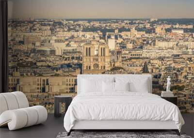 aerial view of the Cathedral of Notre Dame in Paris at sunset from the top of the Tour Eiffel Wall mural