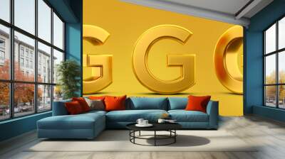 Letter G in 3d metal gold with shadow caster and yellow background Wall mural