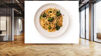 Piatto di deliziosi spaghetti conditi con cime di rapa e peperoncini, visto dall'alto e isolato su fondo bianco - cibo italiano  Wall mural