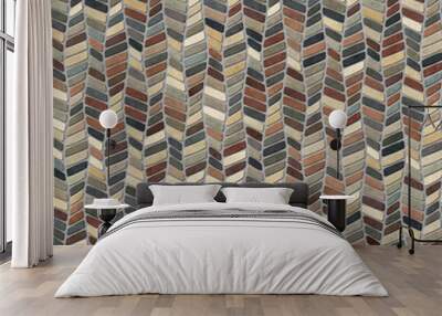 Realistic mosaic with with diagonal multicolor tiles in the shape of a rectangle arranged in vertical lines. Chevron design. Cobblestone in brown, grey, yellow, and green. Seamless repeating pattern.  Wall mural