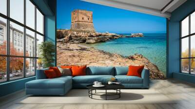 View of a cove of the Cinisi coast with ancient watchtower. Wall mural