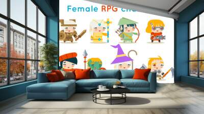 Cute female RPG characters fantasy game isolated icons set flat design vector illustration Wall mural