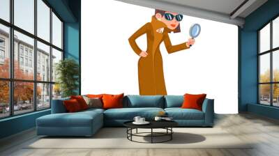 Detective woman snoop magnifying glass tec search help noir cartoon female cartoon character design isolated vector illustration Wall mural