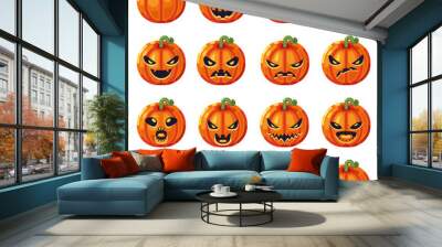 Halloween pumpkin decoration scary faces smile emoji icons set isolated flat design vector illustration Wall mural