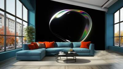 Abstract 3D shape wallpaper futuristic chrome holographic prism transparent liquid oil gasoline bubble sphere blob fluid gradient vibrant rainbow colors black backgrounds poster rendered blank space Wall mural