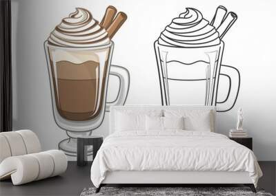 Chocolate beverage drink with whipped cream and cinnamon in tall glass mug clipart. Outline and colored vector illustration set. Coloring book page element activity for kids and adults. Wall mural