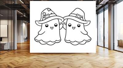 Cute ghosts wearing witch hats outline doodle cartoon illustration. Halloween coloring book page activity for kids and adults. Wall mural