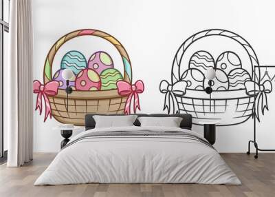 easter basket full of eggs cartoon outline set clipart Wall mural