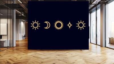 Gold celestial separator with sun, stars, moon phases, crescents. Ornate boho mystic divider decorative element Wall mural