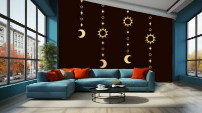 Gold mystic celestial hanging garland frame corner with sun, stars, moon phases, crescents. Ornate bohemian magical curtain decorative element Wall mural