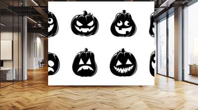 Jack O Lantern Silhouette Set. Cute Creepy Spooky Halloween Pumpkin Fall Autumn Sticker Print Illustration. Wall mural