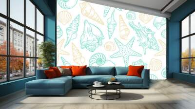 Seashells and starfish seamless pattern background vector illustration. Cute aquatic marine life doodle wallpapers Wall mural