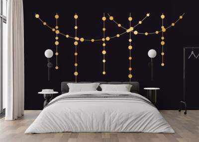 Vector horizontal border of abstract gold string light garlands. Festive decoration with shiny Christmas lights. Glowing bulbs of the different sizes. Wall mural