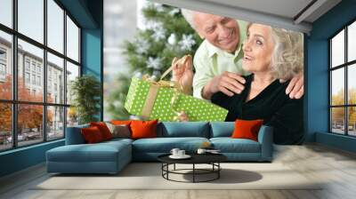 Beautiful elderly couple celebrating new year together  Wall mural