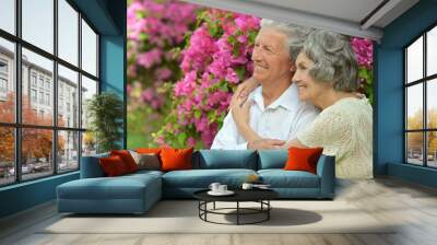 Elder couple on pink flowers Wall mural