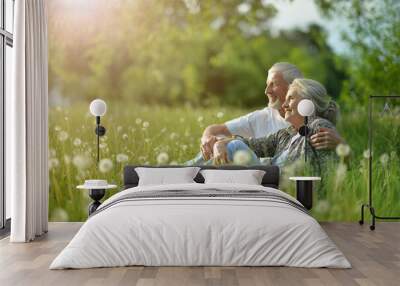 Elderly couple sits on the grass in summer Wall mural