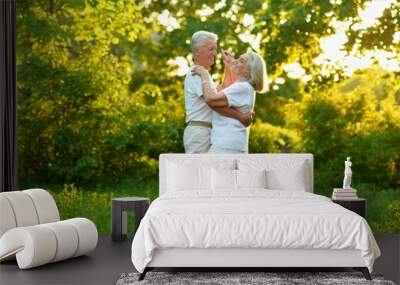 Happy beautiful senior couple dancing in summer park Wall mural