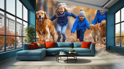 Kids and dogs have fun playing together Wall mural