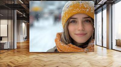 Portrait of a beautiful young woman in winter Wall mural