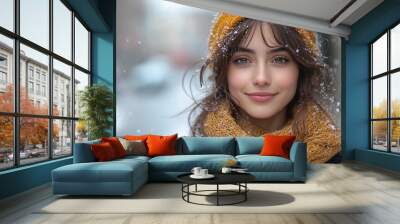 Portrait of a beautiful young woman in winter Wall mural