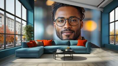 Portrait of an attractive dark-skinned man wearing glasses Wall mural