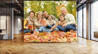 Portrait of family relaxing in autumn park Wall mural