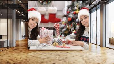 Portrait of girls in Santa hat preparing for Christmas Wall mural