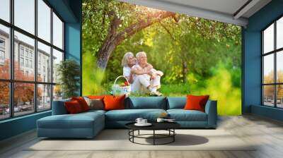 Portrait of loving elderly couple having a picnic Wall mural