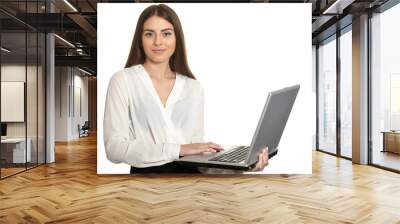 Portrait of young business woman with laptop posing on white background Wall mural