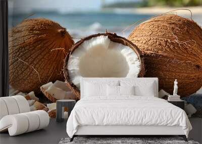 Studio photography of fresh organic tropical coconuts Wall mural