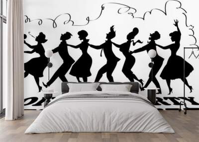 Black vector silhouette of group of people dressed in late 1950s fashion dancing conga line, no white objects, office party lettering at the bottom, streamer on top, EPS 8 Wall mural