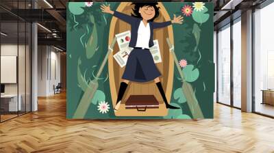 Business woman relaxing in a rowboat, taking a break from work, EPS 8 vector illustration Wall mural