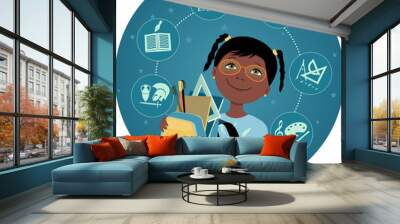 Cartoon black school girl with a backpack Wall mural