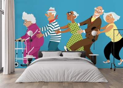 Diverse group of active senior people dancing a conga line, EPS 8 vector illustration, no transparencies  Wall mural