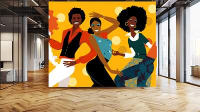 Group of young people dressed in 1070s fashion dancing in a disco club, EPS 8 vector illustration Wall mural