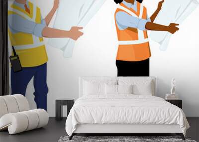 Male and female architect or engineer characters, wearing hard hats and reflective vests, showing blueprints, EPS 8 vector illustration, no transparencies Wall mural